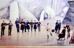 Ručne kolorovaná pohľadnica korčuliarov v Dobšinskej ľadovej jaskyni
